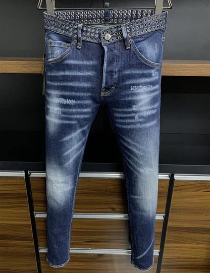 Men Jeans Denim Pants Hole Slim Pencil Trousers Metal Buttons Party Classics Fashionable Black DSQ2 JENAS