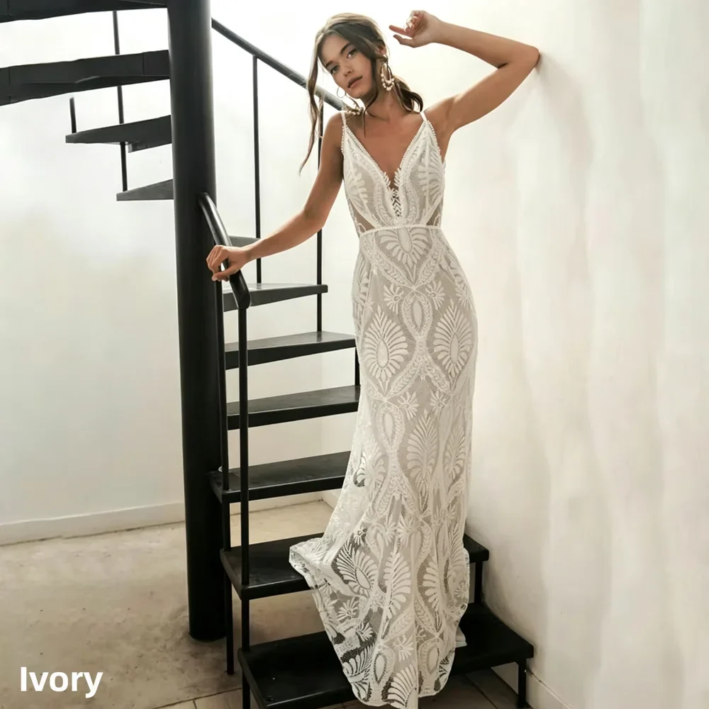 Customized Sexy Lace V Neck Beach Mermaid Wedding Dresses Elegant Spaghetti Straps Bridal Gowns Backless Vestidos De Novia