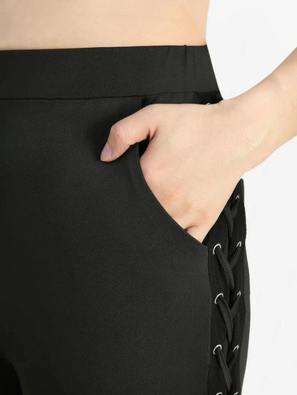 Plus Size Flare Pants Women Casual Trousers Bottoms Grommets Lace Up Pleated Patchwork Pant With Pockets