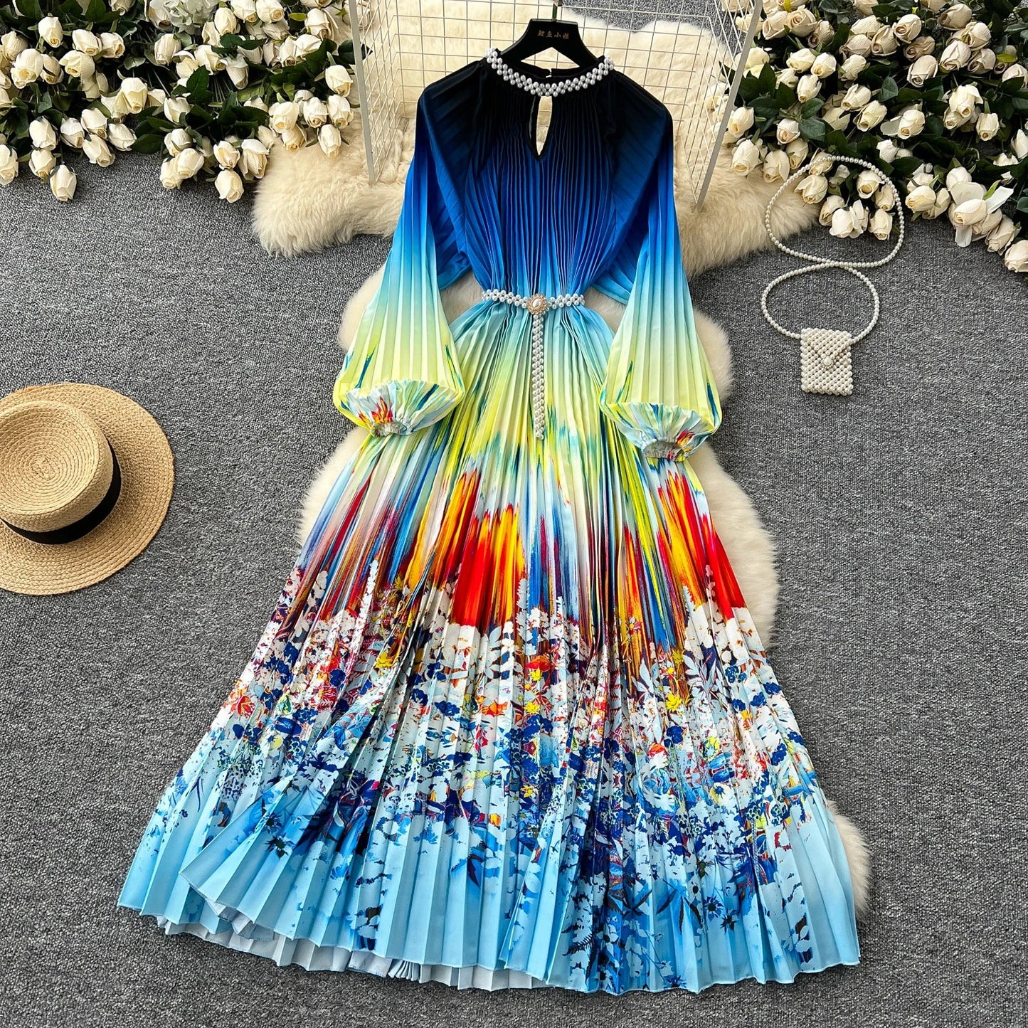 Ele High-End Women's Dr Faionable Beaded round Ne Hollow out Pleated Lantern Sve Waist Cinched Floral Print Lon...