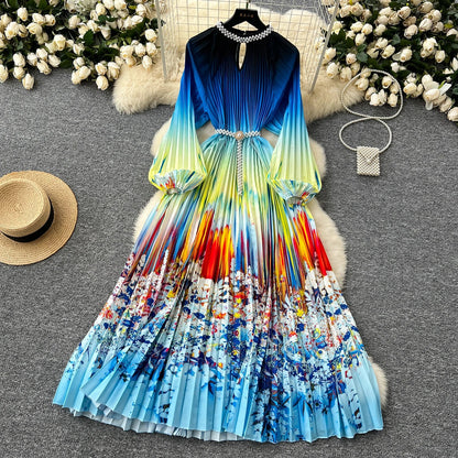 Ele High-End Women's Dr Faionable Beaded round Ne Hollow out Pleated Lantern Sve Waist Cinched Floral Print Lon...