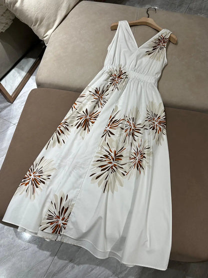 V-Neck Cinched Waist Dual Color Printed Sleeveless 100% Cotton Romantic Dress