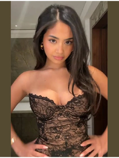 Lady Elegant Floral Lace Strapless Corset Top Transparent Lace Bustier Top Sleeveless Slim Tube Top For Night Club Party Dating