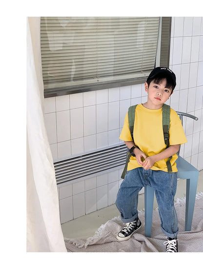 Summer Casual School Kids Cotton Plain Tee Tops Baby and Boys Short-Sleeved T-Shirt Children Outfit Clothing 1-16 Years