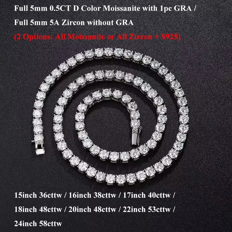 Sparkling Real Full 2.5/3/4/5mm D Color Moissanite Tennis Necklace for Women S925 Silver Diamond Neck Chain Necklaces Gift