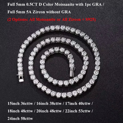 Sparkling Real Full 2.5/3/4/5mm D Color Moissanite Tennis Necklace for Women S925 Silver Diamond Neck Chain Necklaces Gift