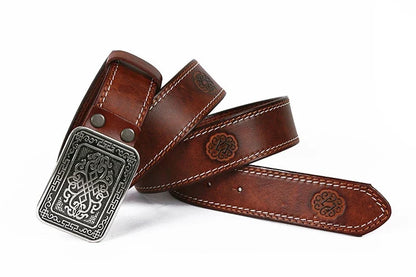 3.8cm Chinese Pattern Cowboy Smooth Buckle Men's Belt Ceinture Homme Yellow Belt Male Wide Jeans Men Genuine Leather Belt