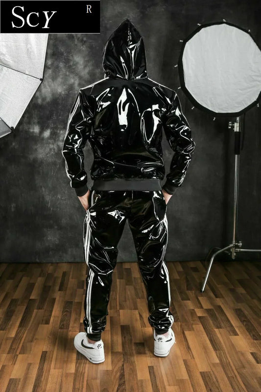 Men's and women's PU leather Hoodie suit leisure sportswear Hoodie jogging suit sportswear men's suit bright leather sportswear