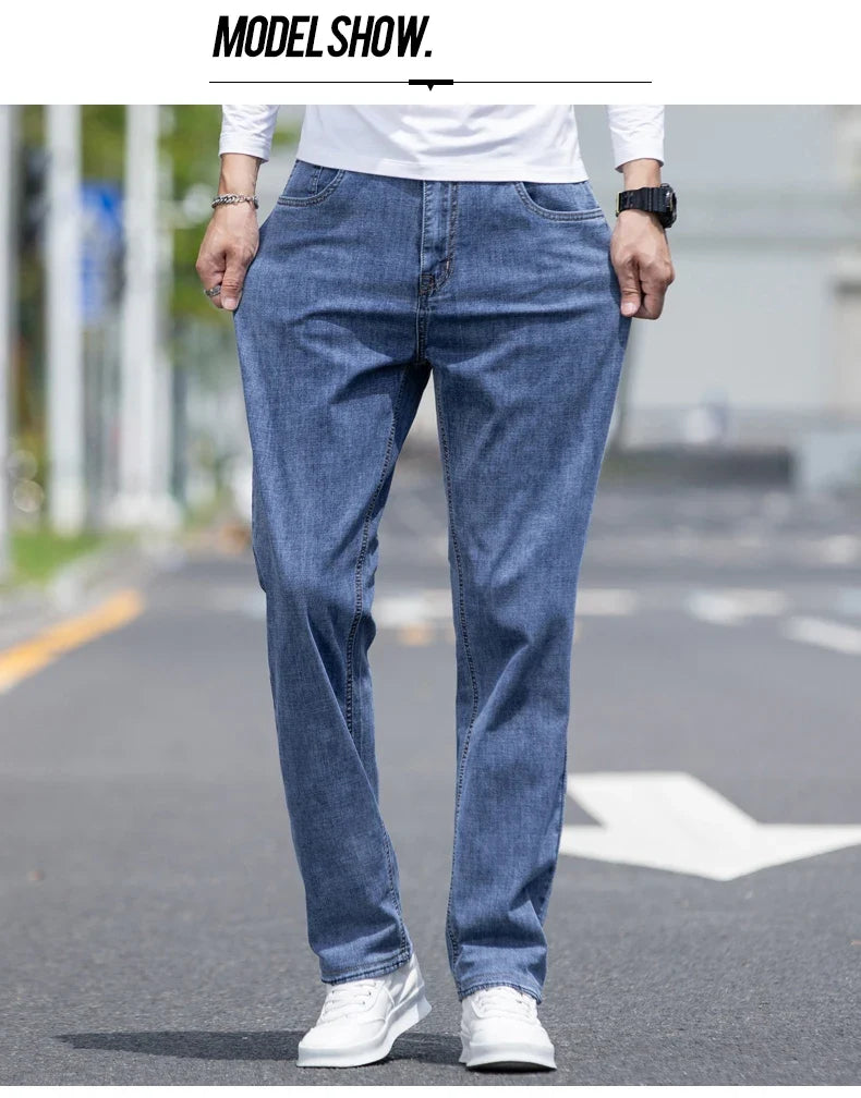 2026 New Autumn Men's Blue Straight-leg Jeans Business Casual Cotton Stretch Denim Pants Male Brand Plus Size 40 42 44
