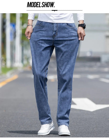 2026 New Autumn Men's Blue Straight-leg Jeans Business Casual Cotton Stretch Denim Pants Male Brand Plus Size 40 42 44