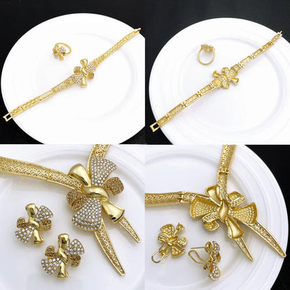 Italy 18k Gold Plated Women Jewelry Set Classic Design Bowknot Necklace Earring Bracelet And Ring 4PCS Set Jewelry Wedding Party