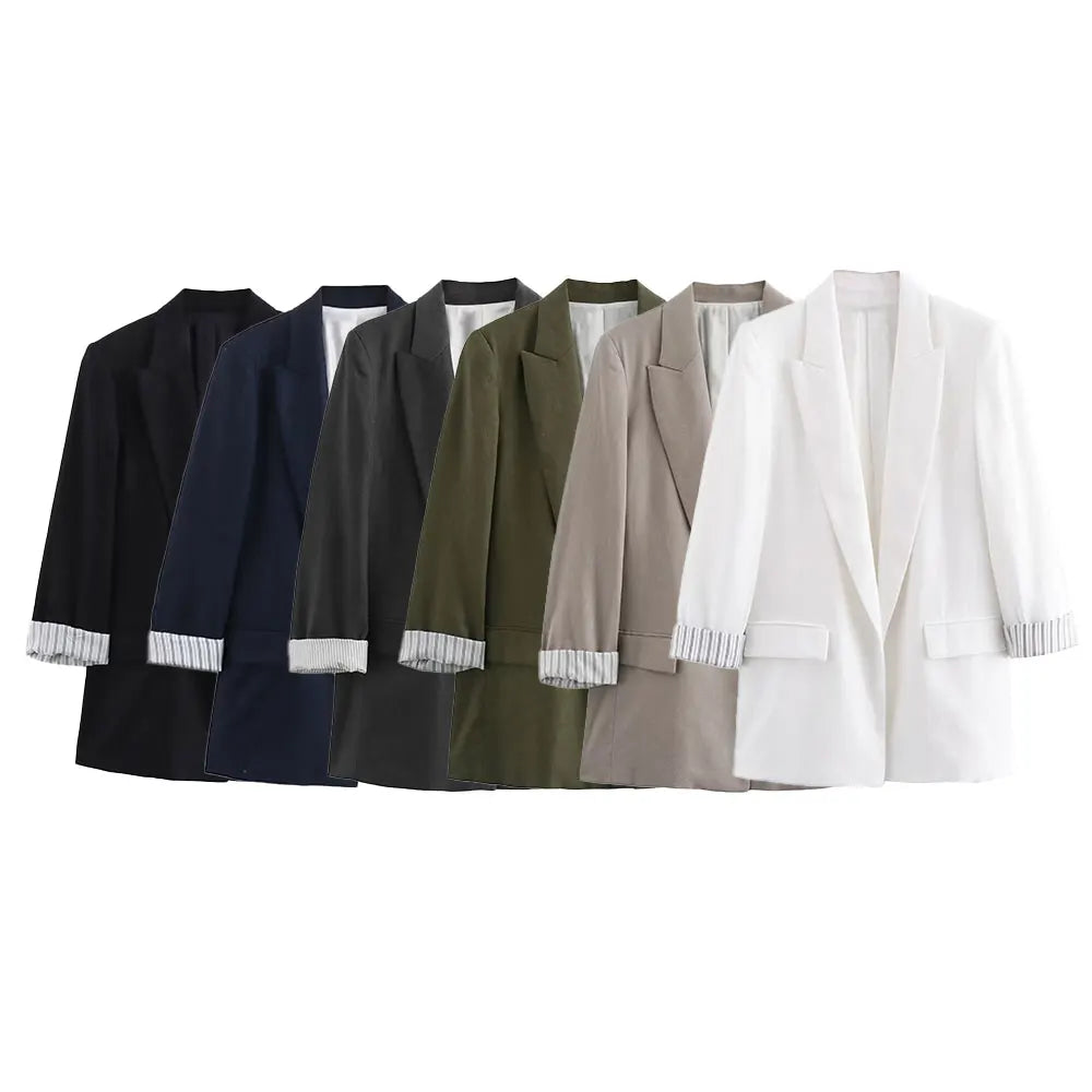 Women Fashion Solid Blazer Notched Collar Long Roll up Sleeves Female Chic Office Lady Business Outfits