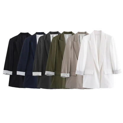 Women Fashion Solid Blazer Notched Collar Long Roll up Sleeves Female Chic Office Lady Business Outfits