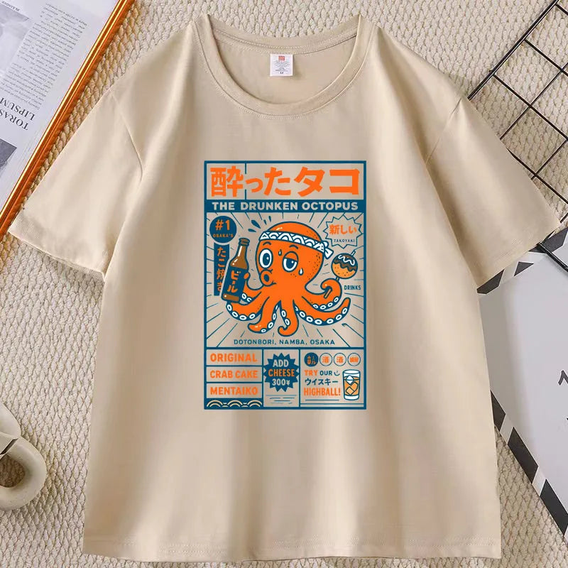 Japanese Style T-shirt drunken octopus Osaka Tshirt Seafood Men Women Graphic Tee Cotton Printed Short Sleeve T Shirt Streetwear
