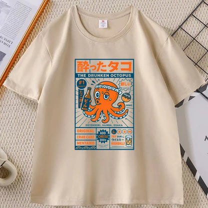 Japanese Style T-shirt drunken octopus Osaka Tshirt Seafood Men Women Graphic Tee Cotton Printed Short Sleeve T Shirt Streetwear