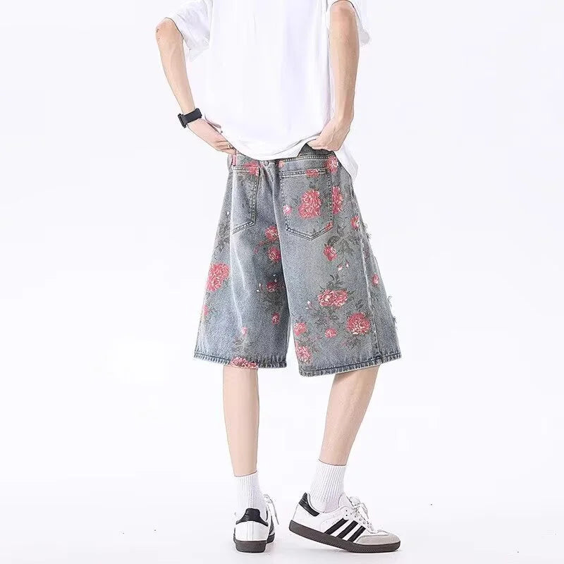 American Streetwear Washed Ripped Straight Jorts Men's Summer Floral Graphic Print Baggy Denim Shorts Hip Hop Fashion Short Jean