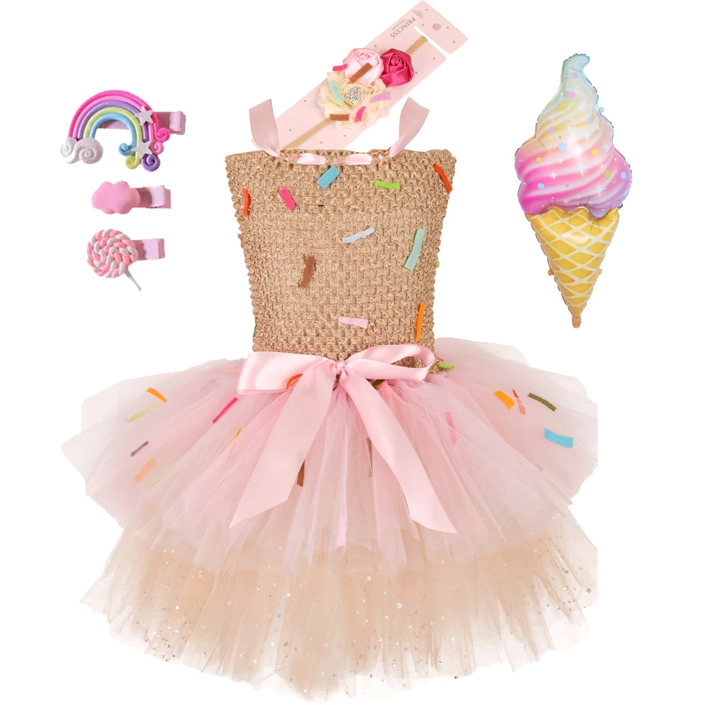Sweet Ice Cream Candy-Themed Girls Dress for Kids Birthday Carnival Party Rainbow Tutu Children's Costume Wedding Outfits