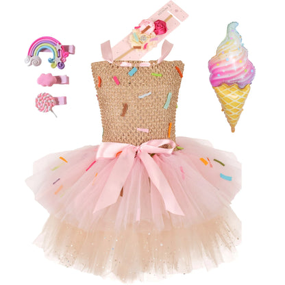 Sweet Ice Cream Candy-Themed Girls Dress for Kids Birthday Carnival Party Rainbow Tutu Children's Costume Wedding Outfits