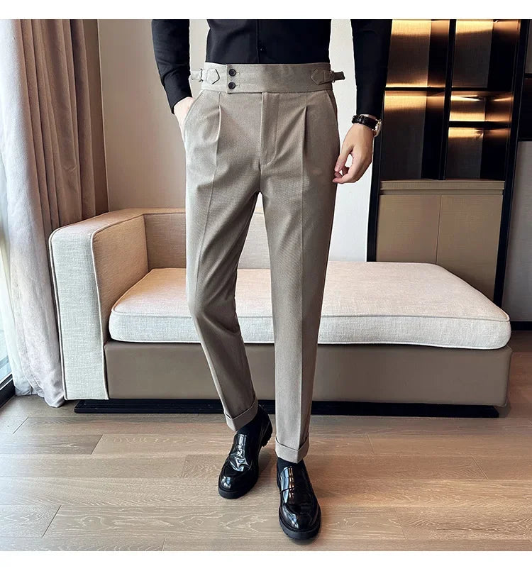 Autumn Winter High Waist Business Dress Pants Men Casual Belt Design Slim Suit Pants Formal Wedding Social Party Male Trousers