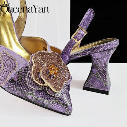 2025 Elegant Lilac Color Women's Heels Handbag Set Rhinestone Embellished Designer Shoes for Weddings Special Events