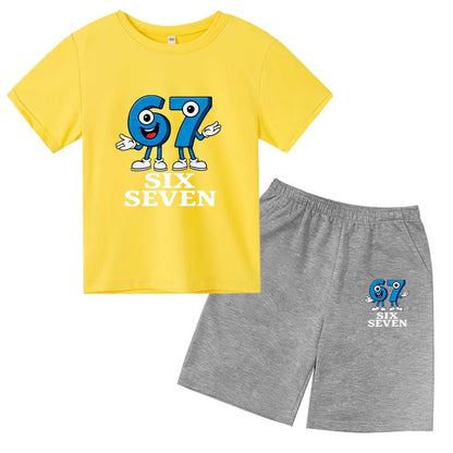 67 Funny Cartoon Number Print Kids Summer Casual 2PCS Breathable Tees+Short Pants Suits 2-13 Years Boys Girls Fashion Clothes