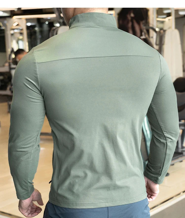 Quick Drying Clothes Men Autumn Sports T-shirt Stand Neck Loose Long Sleeved Outdoor Running Tracksuit Breathable Half Zip Top