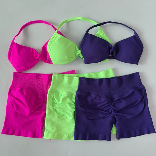 NO LOGO 2PCS Gym Set Women Strappy Yoga Bra Top High Waist Workout Scrunch Shorts Sports Suit Seamless Yoga Set Fitness Clothes