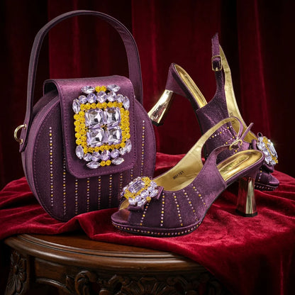 2026 New Brown Rhinestone Peep-Toe High Heel Sandals and Bag Set for Women –Elegant Italian Party Shoes Perfect for Wedding