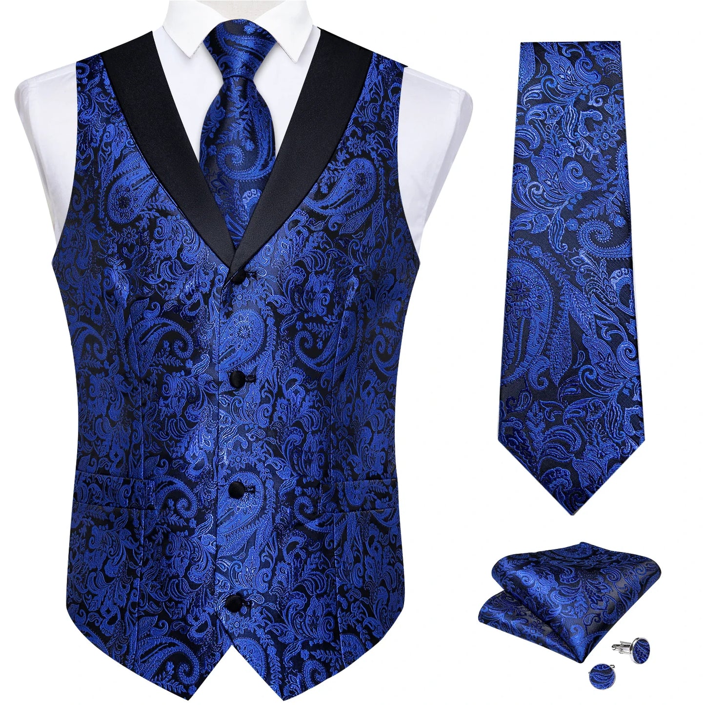 Men's Paisley  Suit Vest with Macthing Golden Paisley Neck Tie Handkerchief Cufflinks Wedding Prom Tuxedo Waistcoat