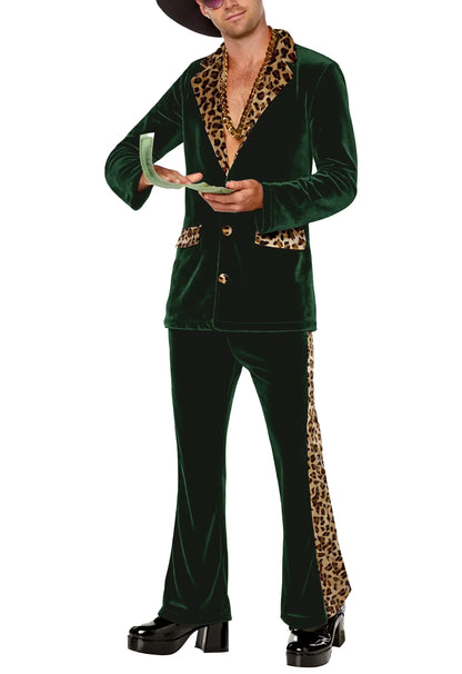 Luxury Men's Velvet Suit Notch Lapel Jacket Leopard Print Patchwork Trim Wide Leg Flare Trousers Tuxedo Cosplay Prom Event