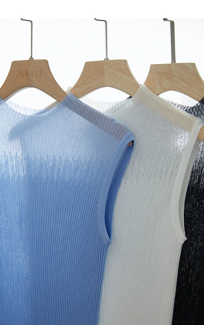 Women Top Minimalist Summer New Solid Color Mock Neck Sleeveless Slim Elastic Double Curved Yarn Knitted Camisole 12542249