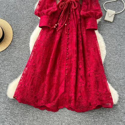 High-End Women's Dress Heavy Embroidery A-Line Long Skirt V-Neck Lantern Sleeve Single Button High Waist Korean Style Commute