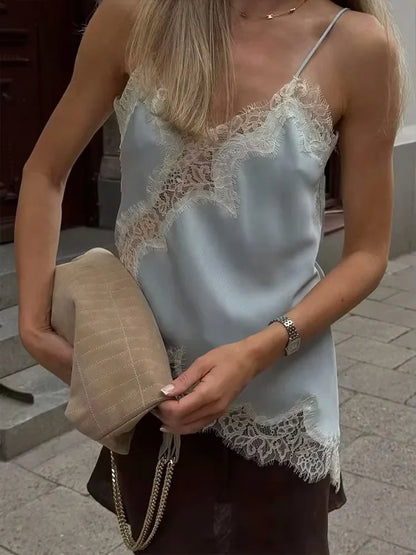 Women Fashion Lace Patchwork Straps Top Irregular Hem Spaghetti Straps V-Neck Hollow Sexy Tops 2026 Summer Night Date Wear