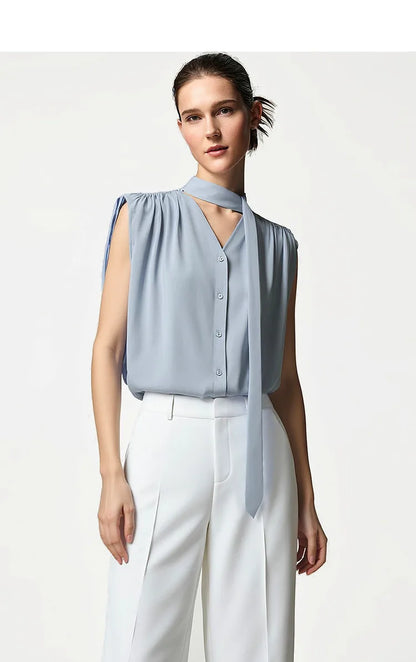 Sleeveless Women's Blouse 2026 Summer New Tie Neck Chiffon Top Flowy Loose Elegant Chic Office Shirt For Women 12642121