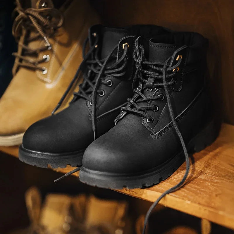 Men's Versatile Black Boots Plush Lining Warmth Shoes Retro Non-Slip Thick Sole Work Boots Outdoor Casual Mid-Calf Boots