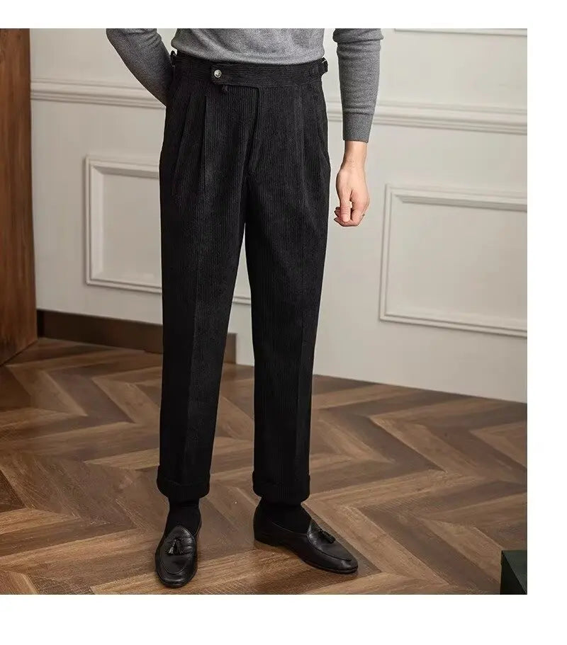 Classics Italian Naples Style Men's Suit Corduroy Pants Men High Waist Straight Work Formal British Business Brand Trousers Male