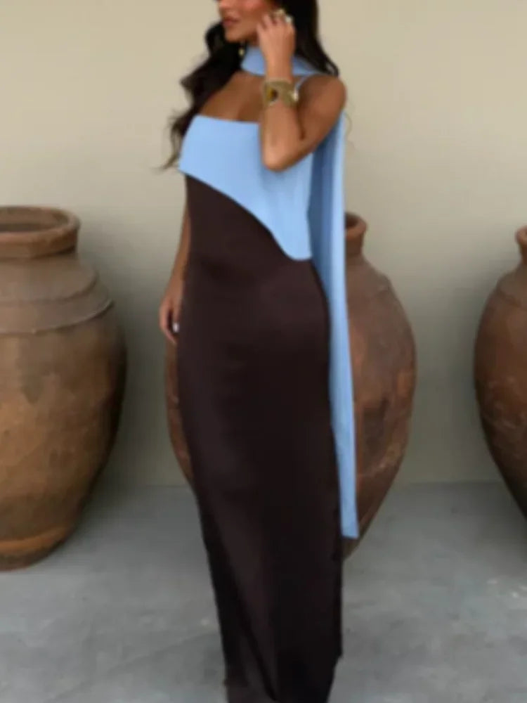 Fashion Color Block Spaghetti Strap Maxi Dress Women Elegant Halter Scarf  High Split Slim Vestidos 2026 New Daily Party Robes