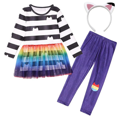 Cartoon Kids Girls Rainbow Dresses+Pants Sets Children Halloween Easter Cats Carnival Cosplay Costume Birthday Party 3-10 Year
