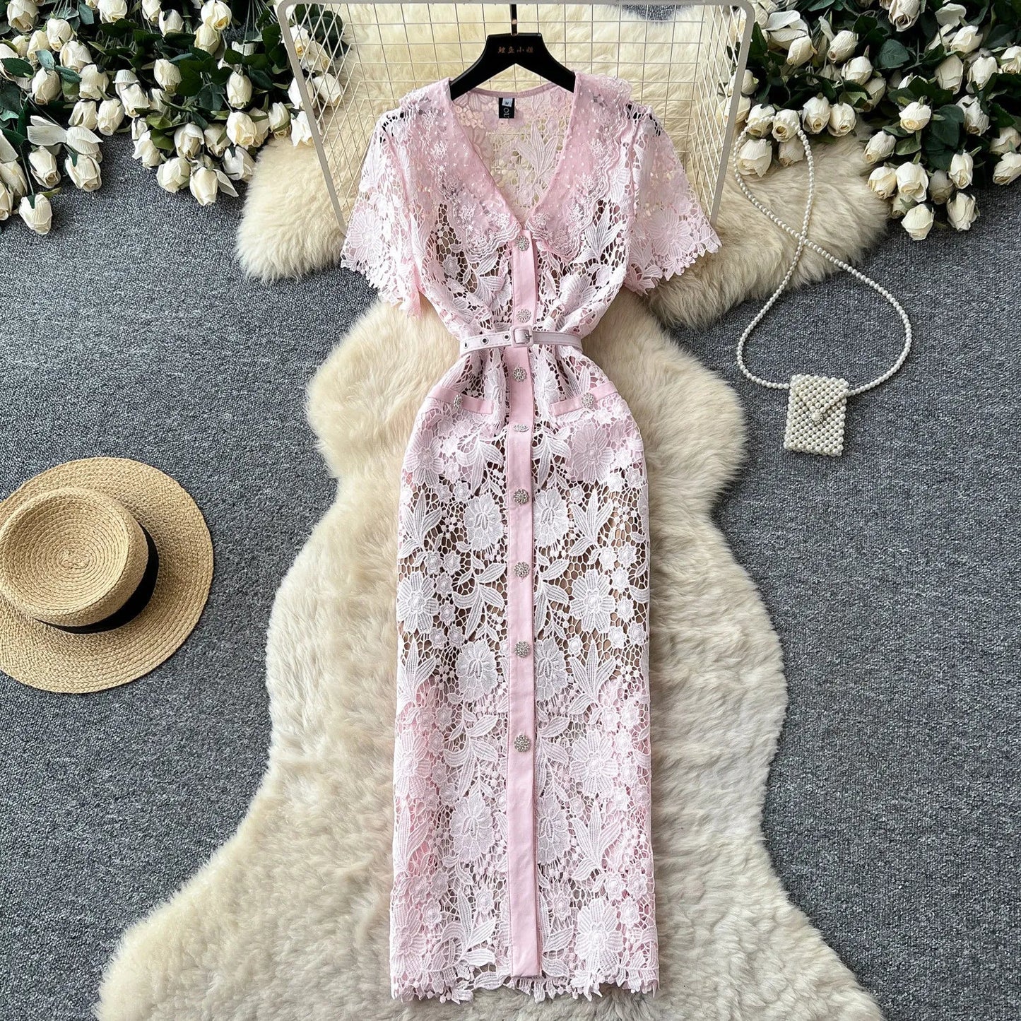 Classy Vintage Flower Lace Dress Office Lady Hollow Out Sashes Short Sleeve Bodycon French Senior Straight Long Dress