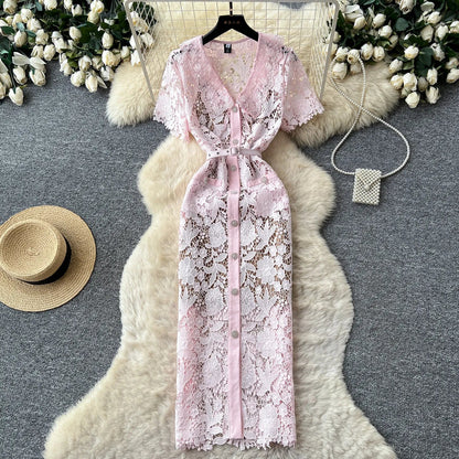 Classy Vintage Flower Lace Dress Office Lady Hollow Out Sashes Short Sleeve Bodycon French Senior Straight Long Dress