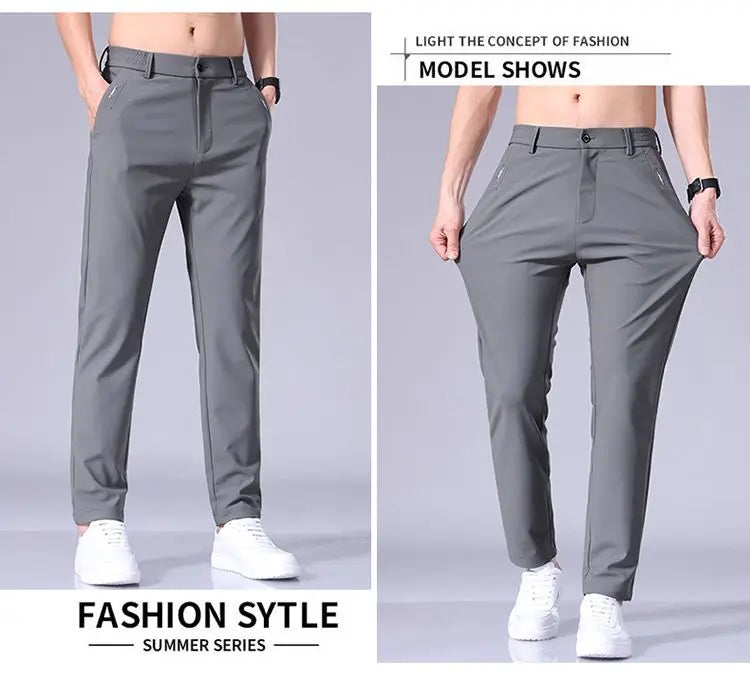 High Elastic Ice Silk Casual Pants Men's Spring Summer Ultra-thin Quick Drying Soft Breathable Business Straight Gray Trousers