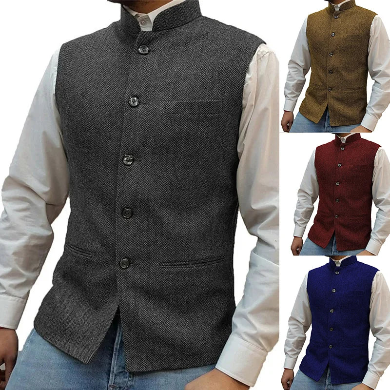 Mens Retro Vest Herringbone Wool Blended Smart Casual Stand Collar Single Breasted Waistcoat Adjustable Buckle Men's Suit Vest
