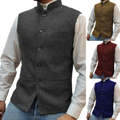 Mens Retro Vest Herringbone Wool Blended Smart Casual Stand Collar Single Breasted Waistcoat Adjustable Buckle Men's Suit Vest