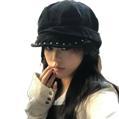 Black Studded Beret Cap with Rivet Trim Edgy Style Hat for Outdoor Travel Hiking Camping Berets
