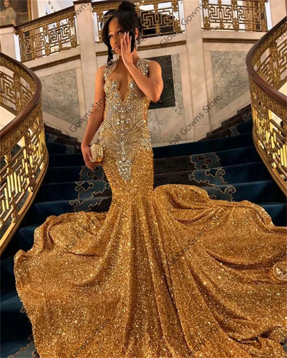 Elegant Gold Diamonds Long Prom Dress Luxury Beads Crystals Sequins Mermaid Birthday Wedding Party Gown Customized