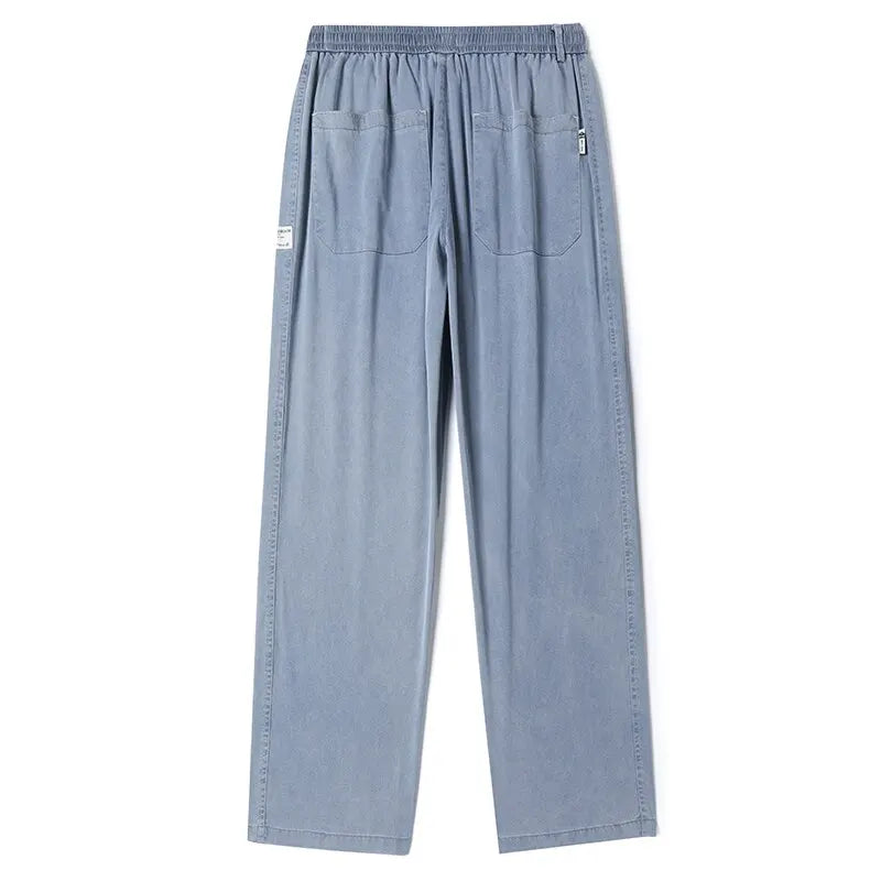 Summer Soft Lyocell Fabric Men's Jeans Thin Loose Straight Pants Drawstring Elastic Waist Korea Casual Trousers Plus Size M-5XL