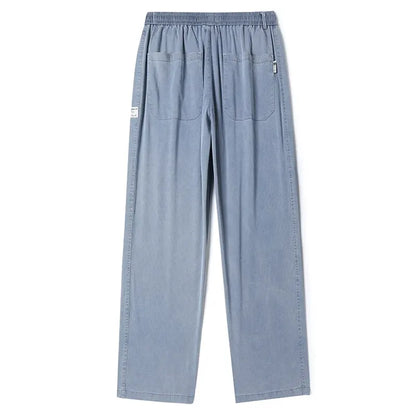 Summer Soft Lyocell Fabric Men's Jeans Thin Loose Straight Pants Drawstring Elastic Waist Korea Casual Trousers Plus Size M-5XL