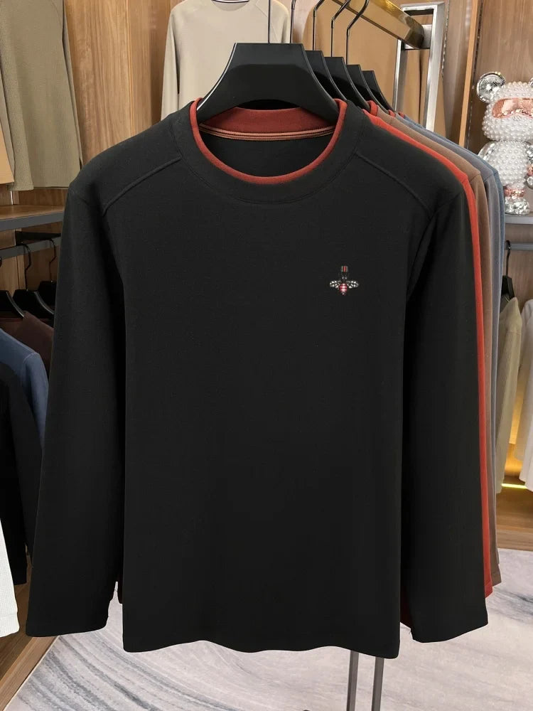 High end brand velvet long sleeve T-shirt men's autumn new fashion Korean bee embroidery comfortable warm round neck pullover