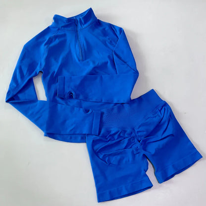 No Logo 2pcs Long Sleeve Yoga Set Women Half Zippy Jacket Longline Sports Top Gym Shorts Fitness Suits Running Coats Workout Set