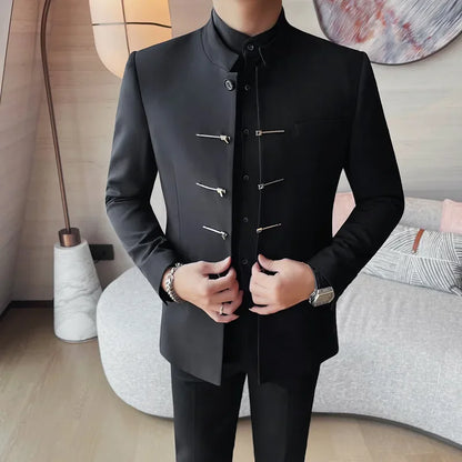 Chinese Style Stand Up Collar Suit Jacket for Men High Quality Mens Slim Fit Casual Social Wedding Dress Coat Men's Clothing